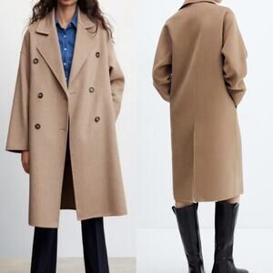 MANGO Handmade Double Breasted Wool Long Camel Coat Medium